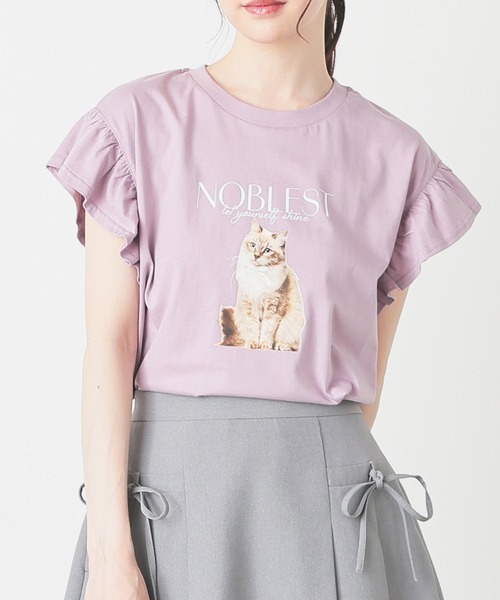COLZA コルザ　UVカット ネコプリント フリル袖 Tシャツ　（ラベンダー）　Sサイズ　猫　ネコ　キャット　フリル　_画像3