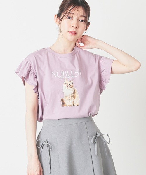 COLZA コルザ　UVカット ネコプリント フリル袖 Tシャツ　（ラベンダー）　Sサイズ　猫　ネコ　キャット　フリル　_画像4