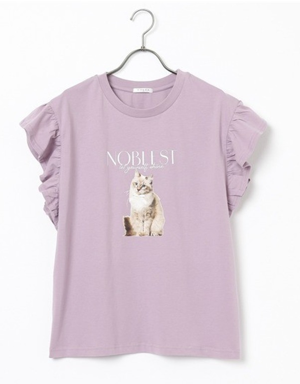 COLZA コルザ　UVカット ネコプリント フリル袖 Tシャツ　（ラベンダー）　Sサイズ　猫　ネコ　キャット　フリル　_画像1
