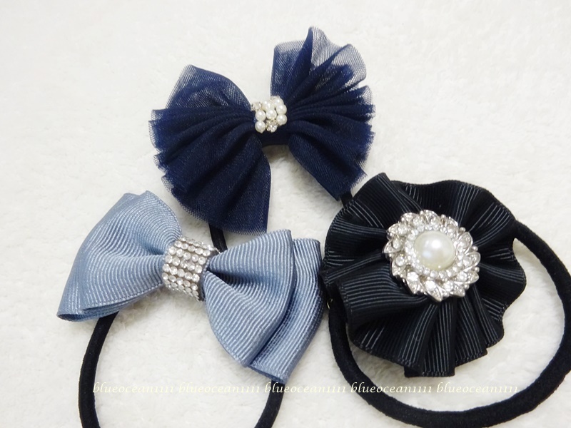 未使用品 お上品で清楚【ビジューヘアゴム3点セット】使いやすいネイビー ブラック グレーの3色 パール ラインストーン ヘアアクセサリー _画像2