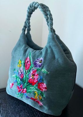 シェニール織花束刺繍マチ付き両開きファスナートートバッグ