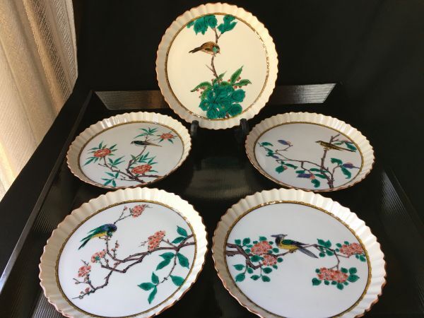 九谷焼 三ツ井為吉 色絵花鳥 銘々皿 5枚 参考価格7万円_画像1