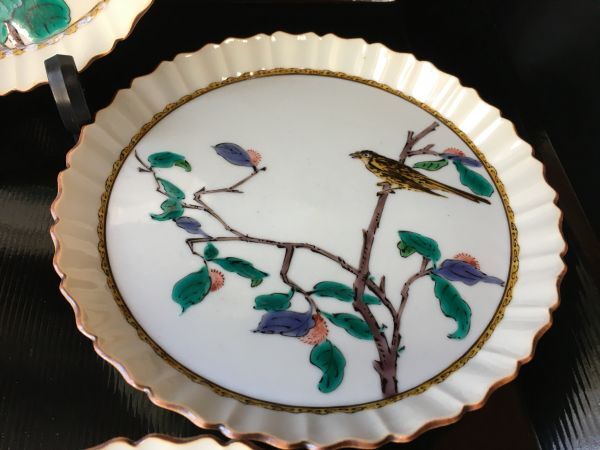 九谷焼 三ツ井為吉 色絵花鳥 銘々皿 5枚 参考価格7万円_画像9