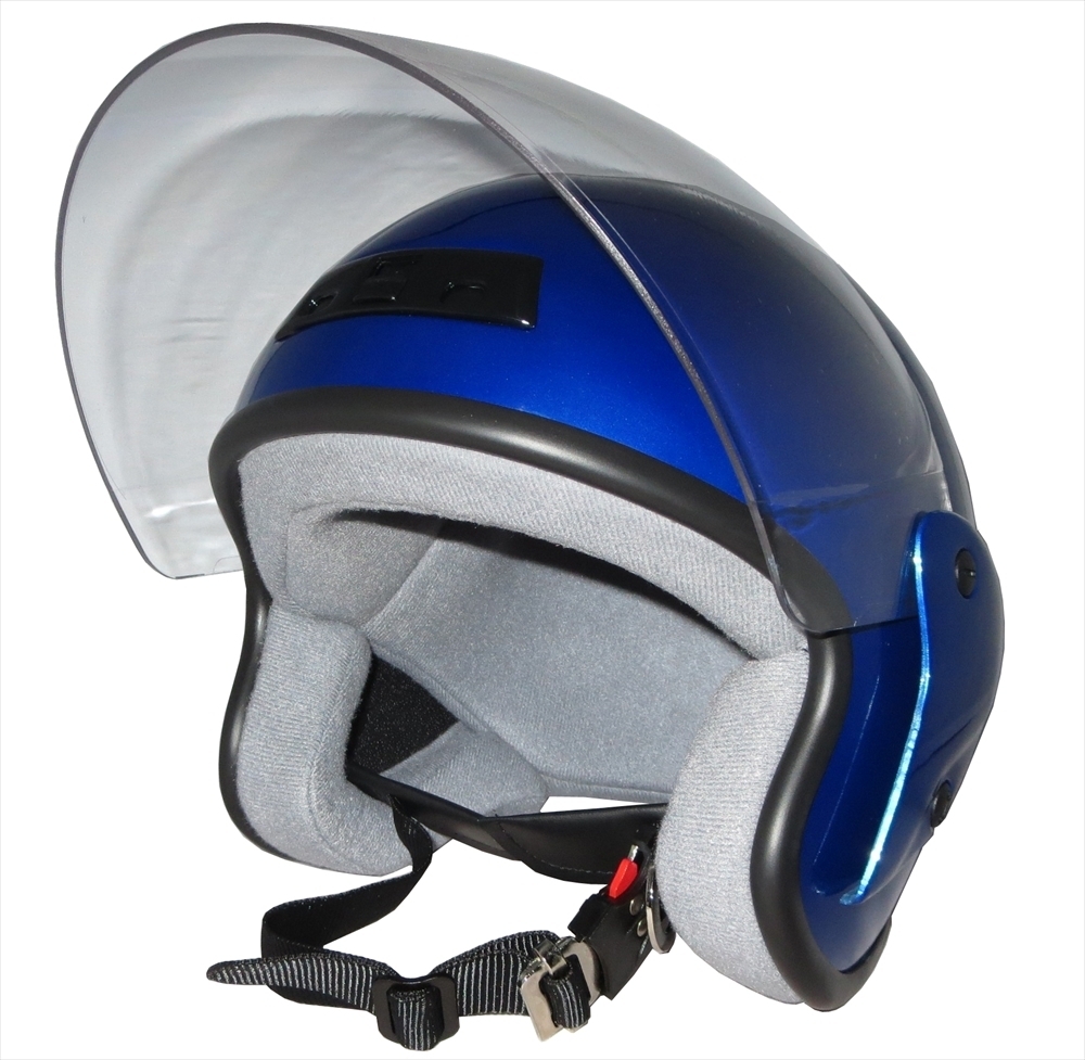 ZK-400 ジェットヘルメット（メタリックブルー）UVカット ハードコートシールド標(biāo)準(zhǔn)裝備 全排気量対応 サイズ調(diào)整スポンジ付き S~L調(diào)整可