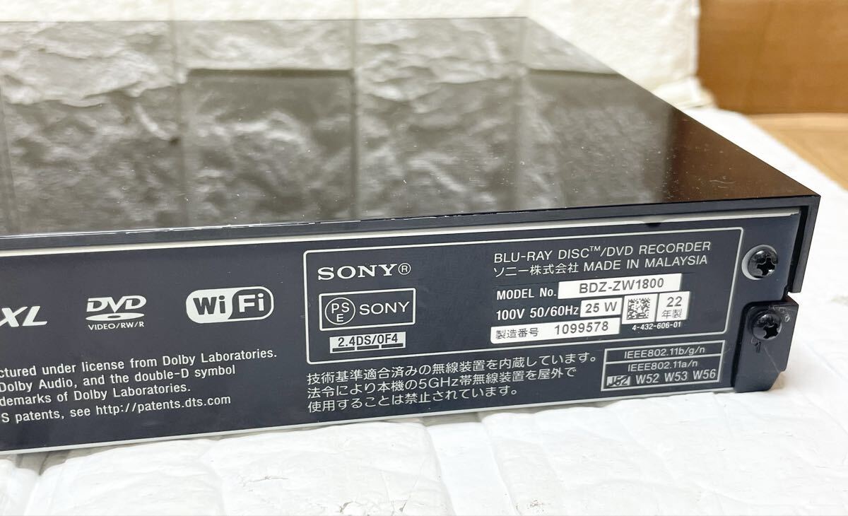 SONY ソニー ブルーレイディスクレコーダー BDZ-ZW1800 リモコン B-CASカード 電源コード 付き D2
