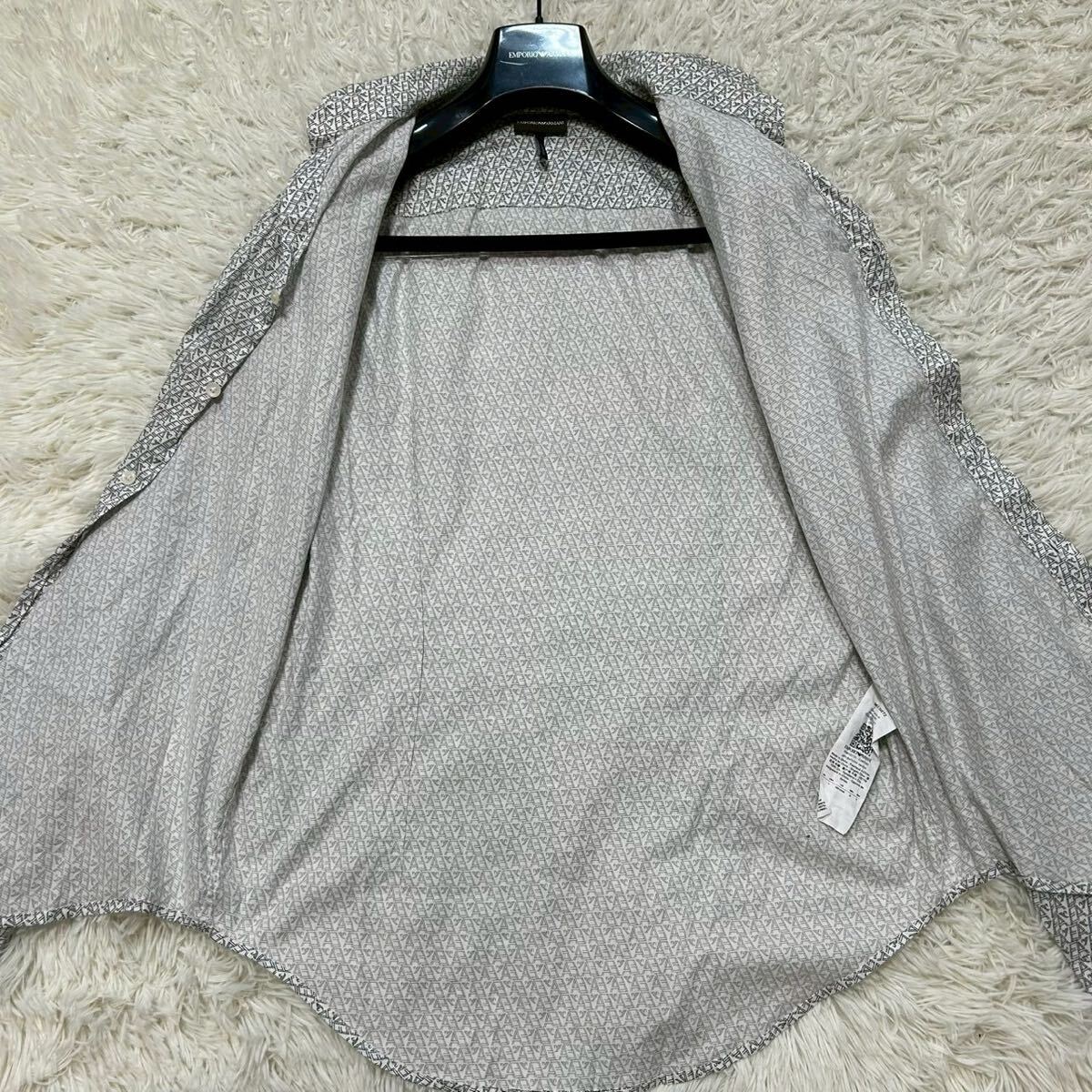 圧巻のロゴ総柄?極美品!!!エンポリオアルマーニ【贅の極】EMPORIO ARMANI 長(zhǎng)袖シャツ　ワイシャツ　総柄　イーグル　ホワイト　L