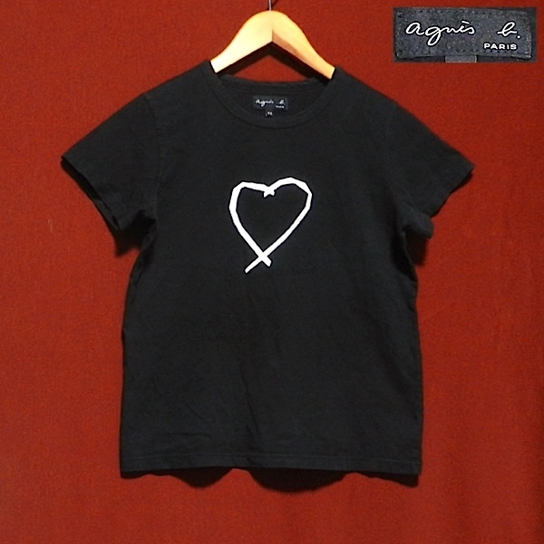 agnes b. PARIS アニエスベー パリス スリムフィット ハート イラスト 半袖 Tシャツ カットソー 黒 小さめ T2 S 〜 M サイズ_画像1