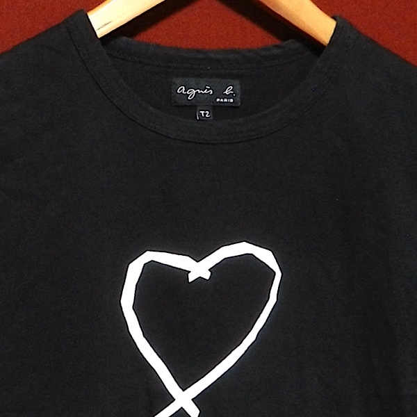 agnes b. PARIS アニエスベー パリス スリムフィット ハート イラスト 半袖 Tシャツ カットソー 黒 小さめ T2 S 〜 M サイズ_画像3