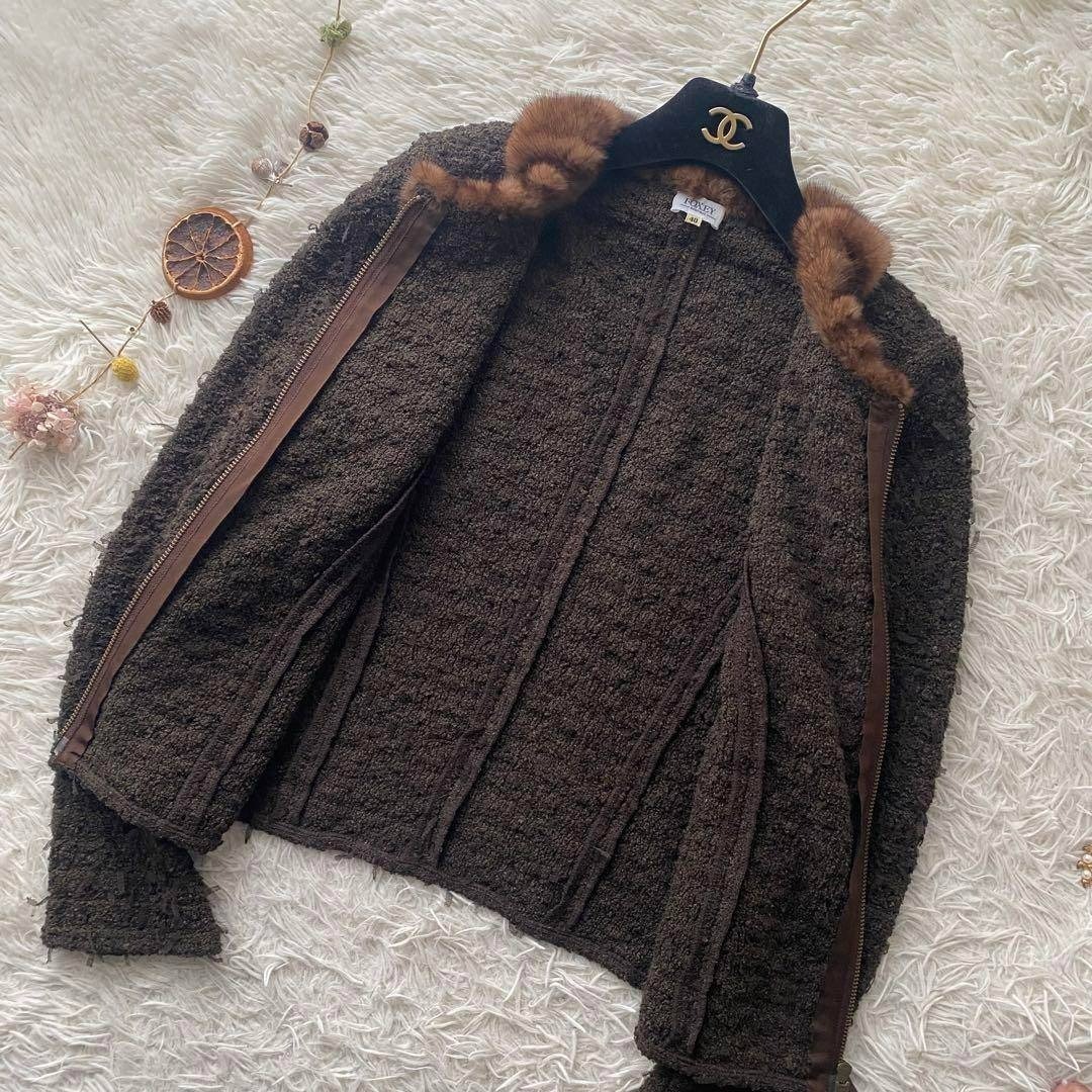 美品 FOXEY フォクシー ブティック ミンクファー アンゴラ混 リボンツイード ダブルジップ ニットジャケット カーディガン 日本製 40_画像3