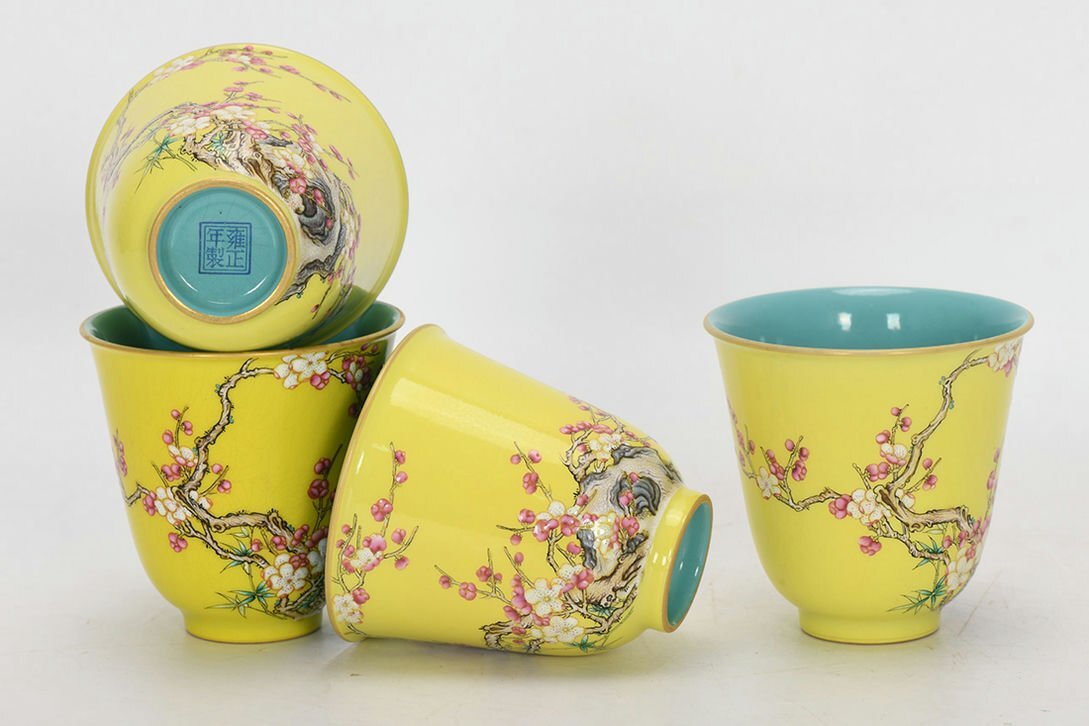 ▼渡鶴羽▼A619清干隆 琺瑯彩黃地梅花杯一套?古陶磁器 ?珍品舊蔵?古賞物?時代物