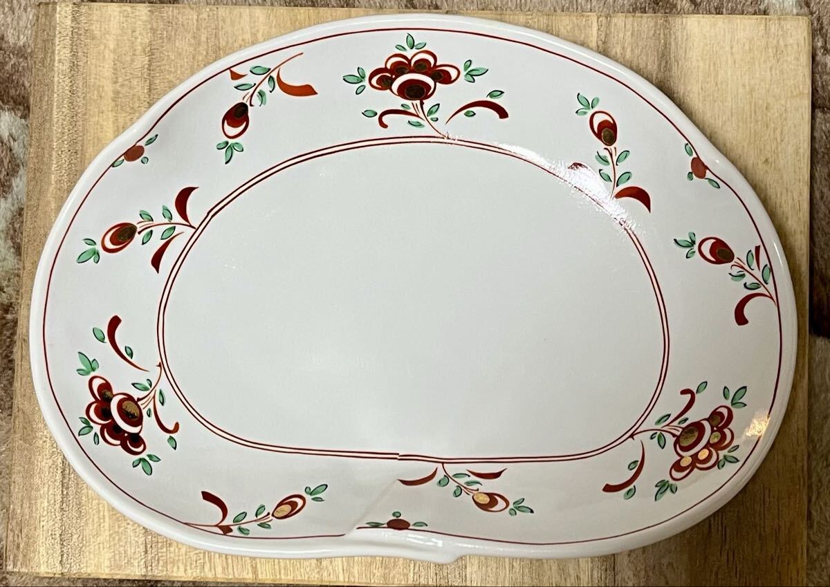 新品　たち吉　京都橘吉　5枚組　絵皿　赤絵花文　木箱入　オーバル　金縁　赤花　ギフト_画像7