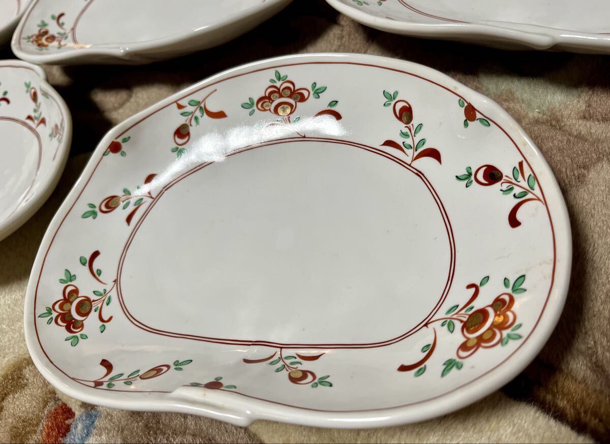 新品　たち吉　京都橘吉　5枚組　絵皿　赤絵花文　木箱入　オーバル　金縁　赤花　ギフト_画像5