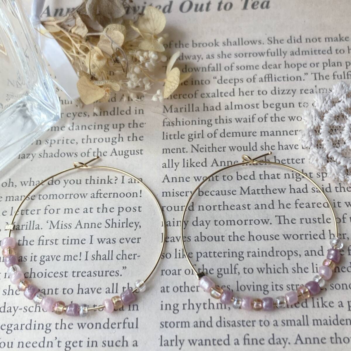 フープピアス ビーズ ピンク パステル ゴールドトーン 未使用品☆vintage jewelry accessories F0146_画像1