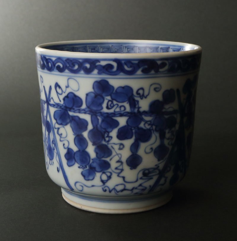 委託HK◇時代 祥瑞筒茶碗 ※仕覆添え（茶道具 陶磁器 陶蕓 白磁 染付 呉須 青花 抹茶碗 中國 明 向付 食器 煎茶 湯呑 カップ 茶事 茶の湯）