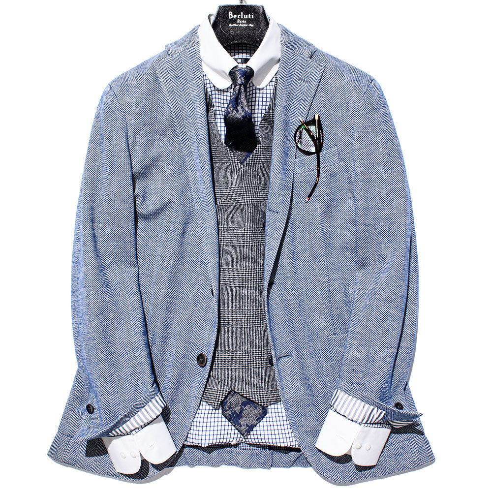 圧倒的クラス感◎!!!定価12万 ボリオリ アンコン仕立ての傑作DOVERモデル◎ ヘリンボーン 美ブルー色 本切羽仕様◎ ジャケット 44/S程_画像1