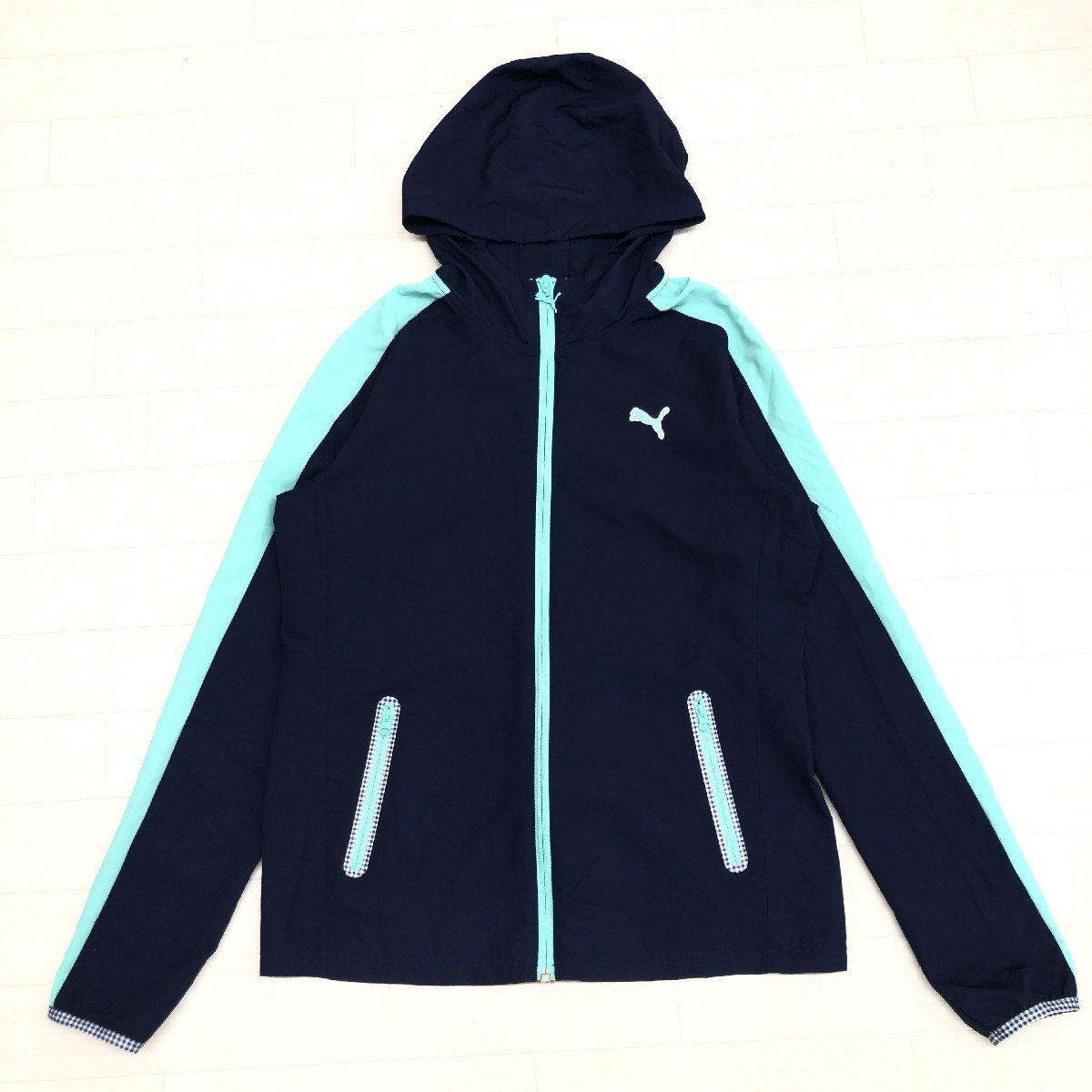 美品 PUMA プーマ DRYCELL ロゴ刺繍 フーデット ウーブン ジャケット L 濃紺 ネイビー ジャージ パーカー フーディ ブルゾン レディース_画像1