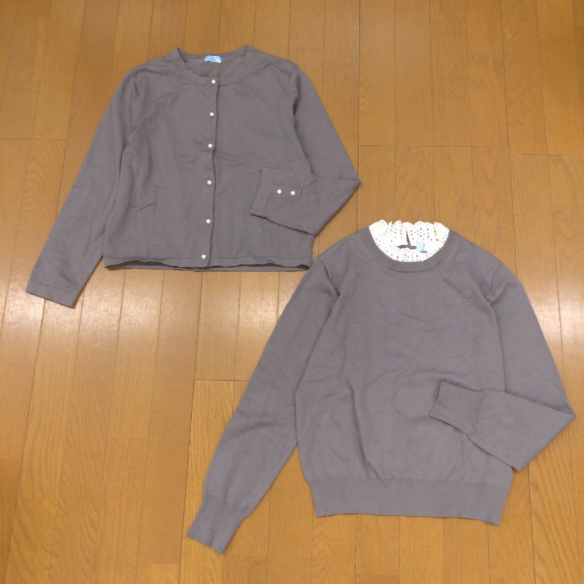 美品 KUMIKYOKU クミキョク フリル ドッキング ニット アンサンブル 2(M) チャコール セーター カーディガン 羽織り 長袖 レディース 組曲_画像1