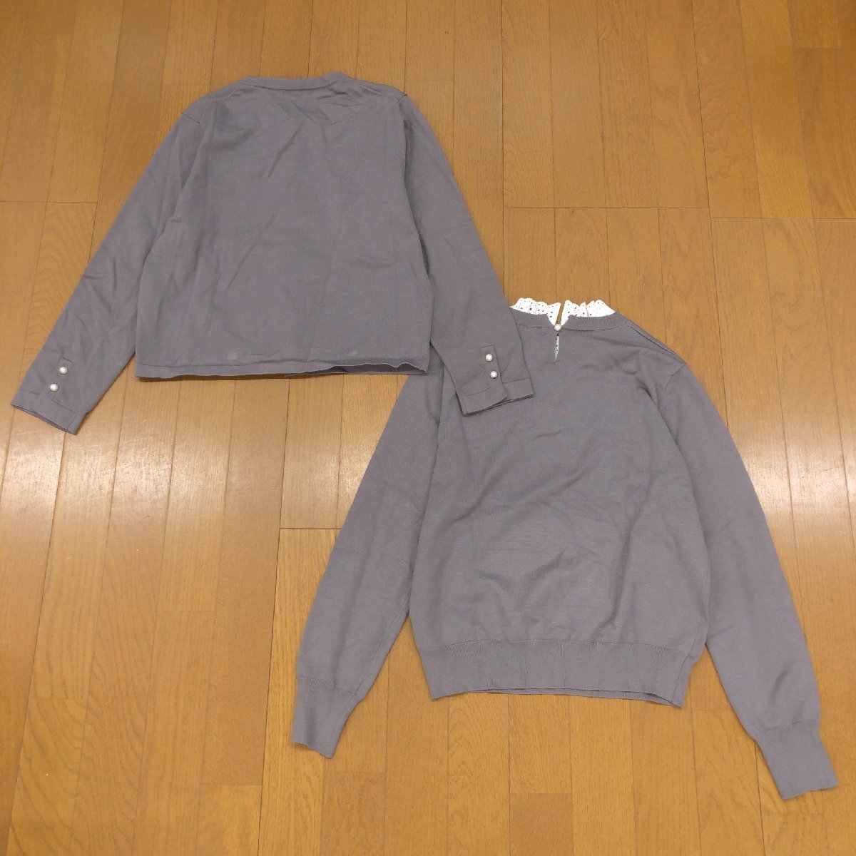 美品 KUMIKYOKU クミキョク フリル ドッキング ニット アンサンブル 2(M) チャコール セーター カーディガン 羽織り 長袖 レディース 組曲_画像2