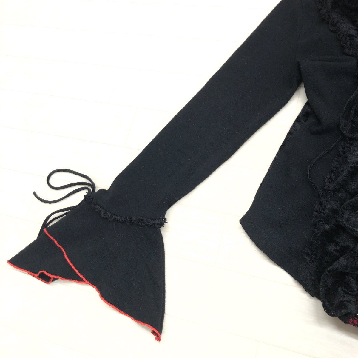 ●Ozz On オッズオン ベロア切替 ニット フリル レース カットソー F 黒 ブラック 編み上げ カットソー 長(zhǎng)袖 y2k archive グランジ パンク