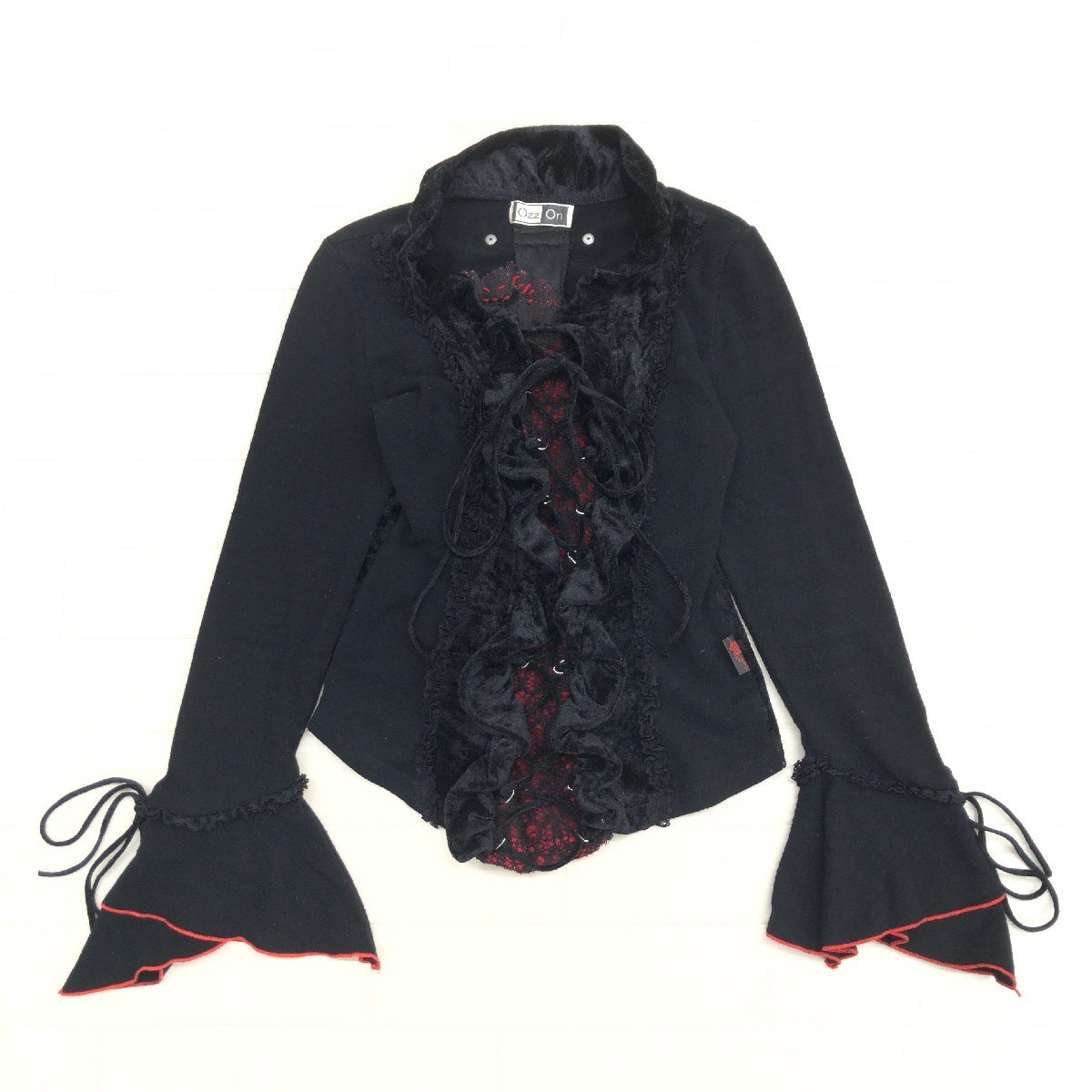 ●Ozz On オッズオン ベロア切替 ニット フリル レース カットソー F 黒 ブラック 編み上げ カットソー 長(zhǎng)袖 y2k archive グランジ パンク