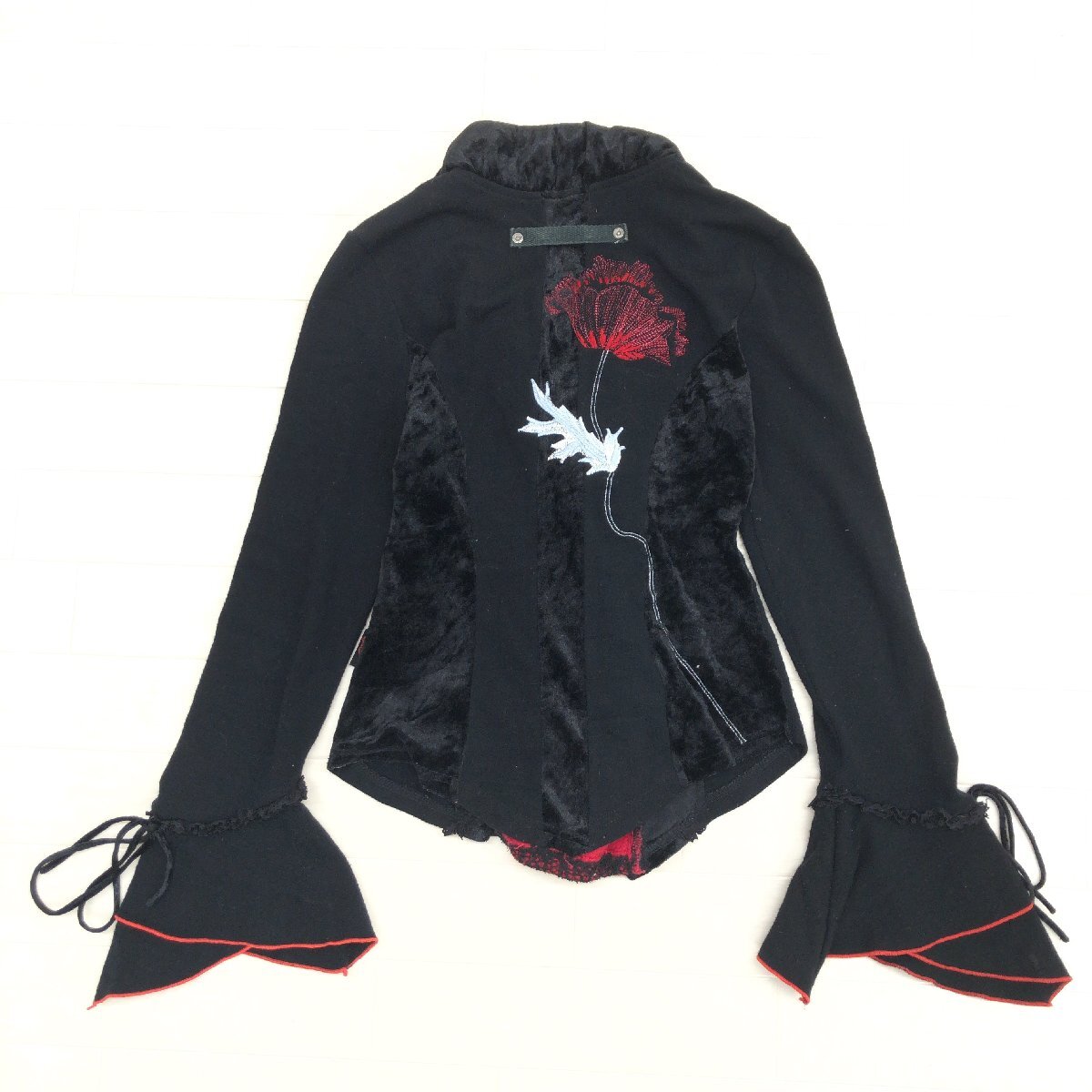 ●Ozz On オッズオン ベロア切替 ニット フリル レース カットソー F 黒 ブラック 編み上げ カットソー 長(zhǎng)袖 y2k archive グランジ パンク