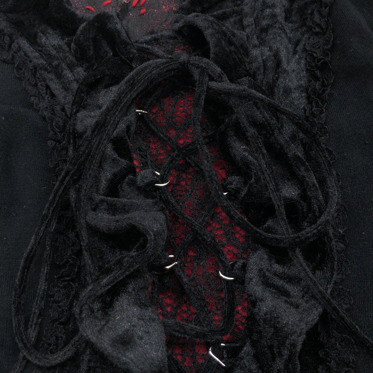 ●Ozz On オッズオン ベロア切替 ニット フリル レース カットソー F 黒 ブラック 編み上げ カットソー 長(zhǎng)袖 y2k archive グランジ パンク