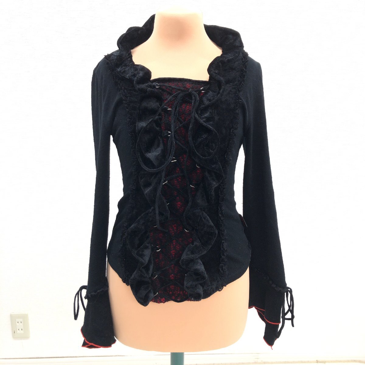 ●Ozz On オッズオン ベロア切替 ニット フリル レース カットソー F 黒 ブラック 編み上げ カットソー 長(zhǎng)袖 y2k archive グランジ パンク