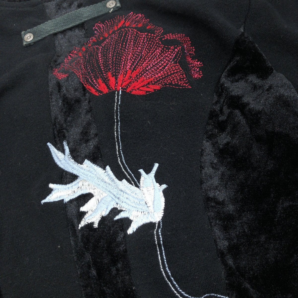 ●Ozz On オッズオン ベロア切替 ニット フリル レース カットソー F 黒 ブラック 編み上げ カットソー 長(zhǎng)袖 y2k archive グランジ パンク