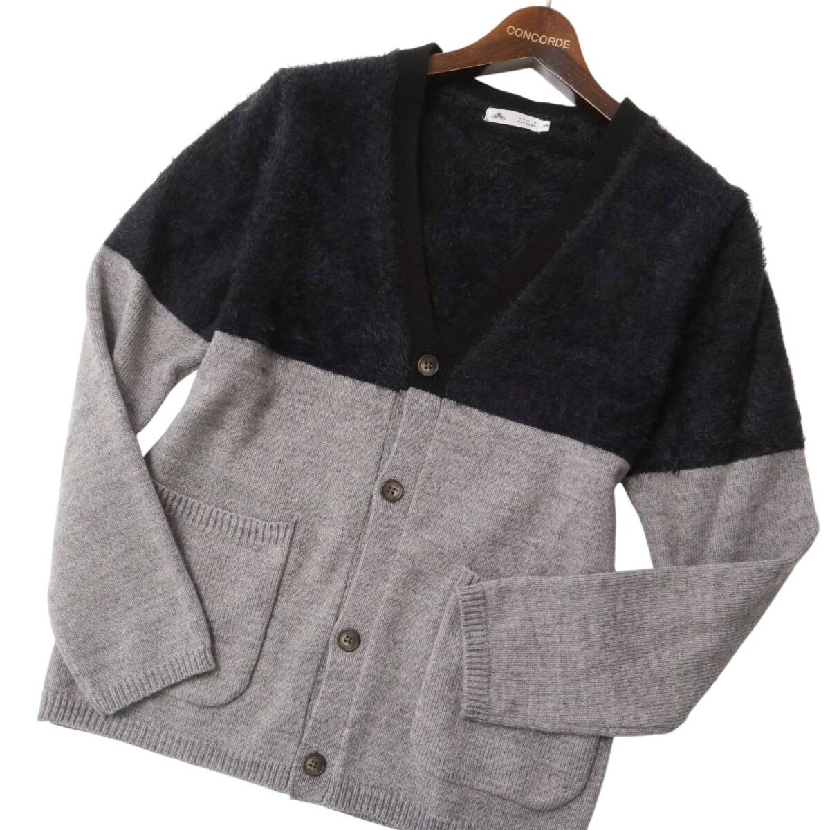 MEN'S MELROSE メンズメルローズ 秋冬 ウール混★ バイカラー フェザーヤーン ニット カーディガン 羽織り Sz.3 メンズ_画像1