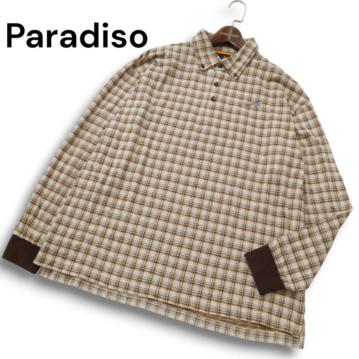 Paradiso パラディーゾ ゴルフ 通年★ ロゴ刺繍 長袖 ボタンダウン チェック ポロシャツ Sz.LL メンズ 大きいサイズ 日本製_画像1