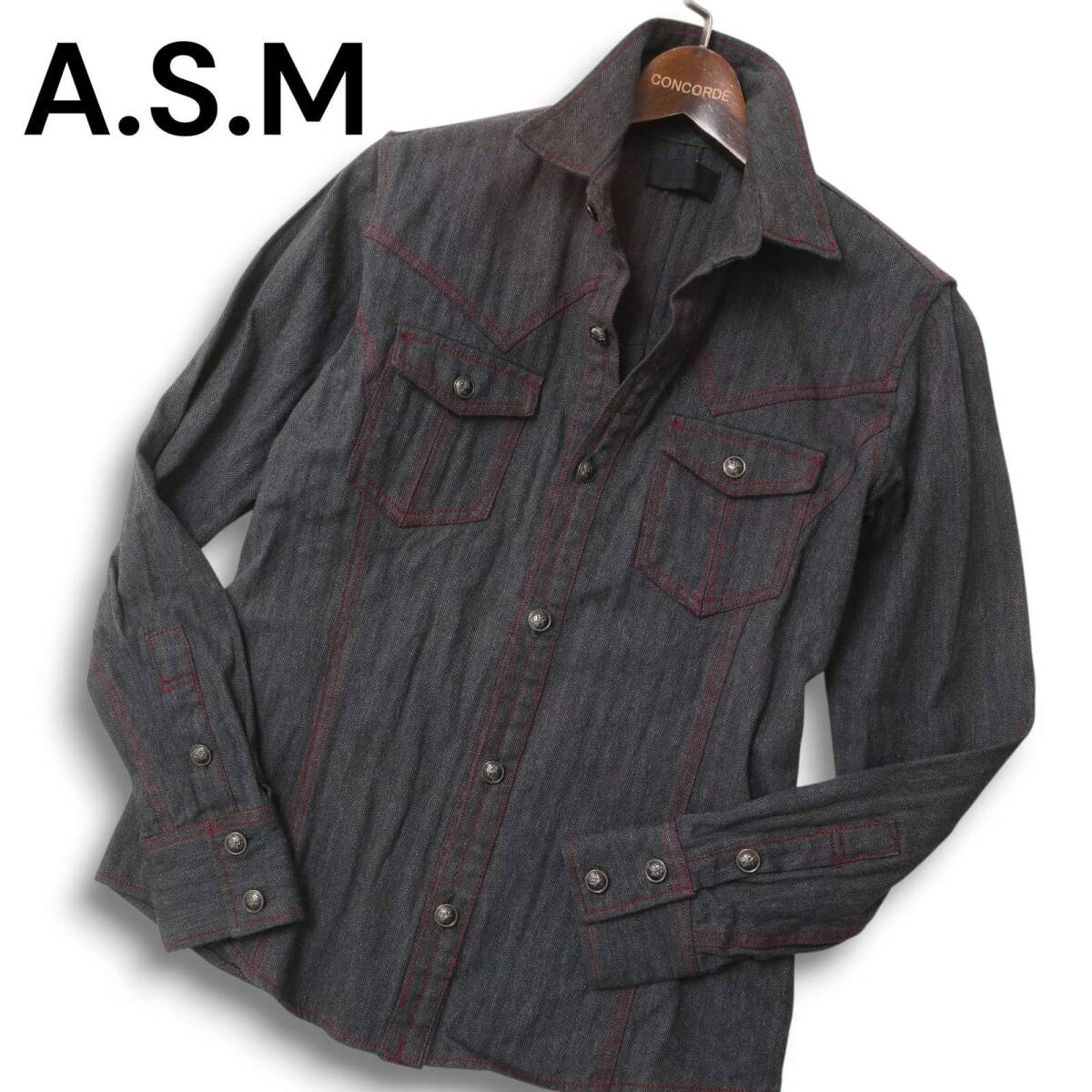 A.S.M アトリエサブ メン 通年 ヘリンボーン柄★ 長袖 ウエスタン シャツ Sz.50 メンズ 灰 グレー ASM_画像1