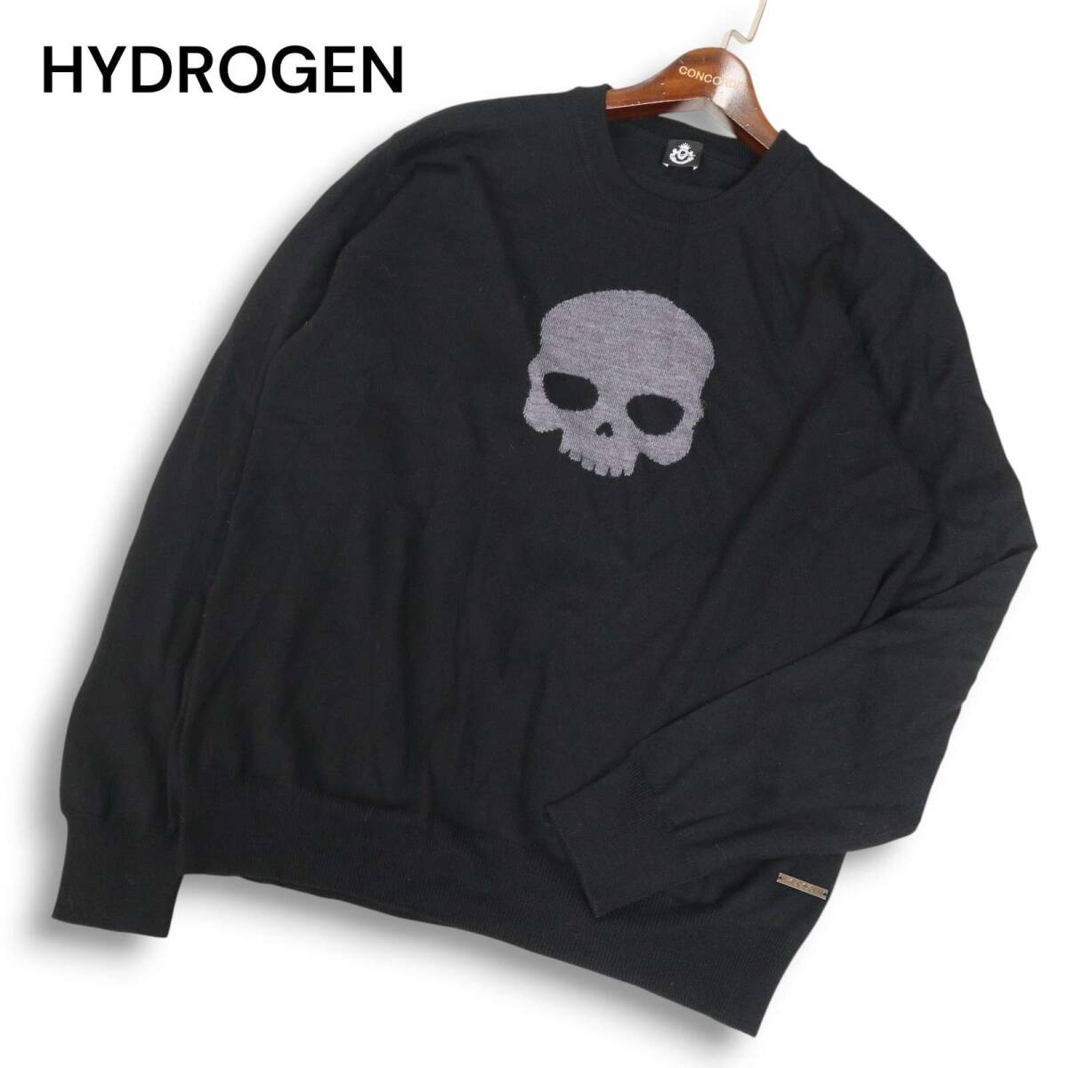 国内正規★ HYDROGEN ハイドロゲン 秋冬 スカル★ ウール100% ニット セーター Sz.XL メンズ 黒 イタリア製_画像1