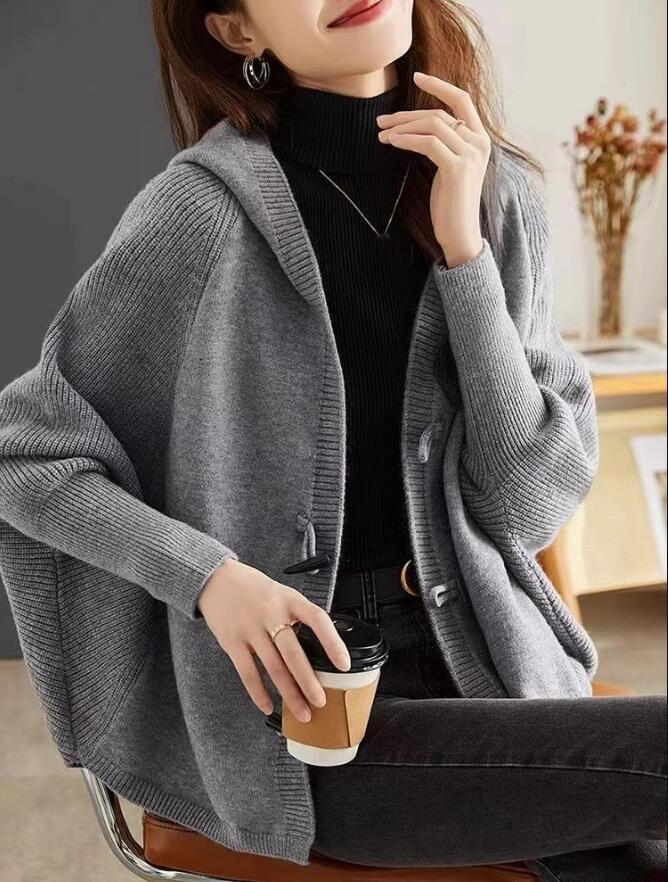 同梱1万円送料無料■秋冬 パーカー ニット カーディガン レディース フード付き ドルマン袖 長袖 着痩せ 羽織 通勤 ニットアウター■カーキ_画像5