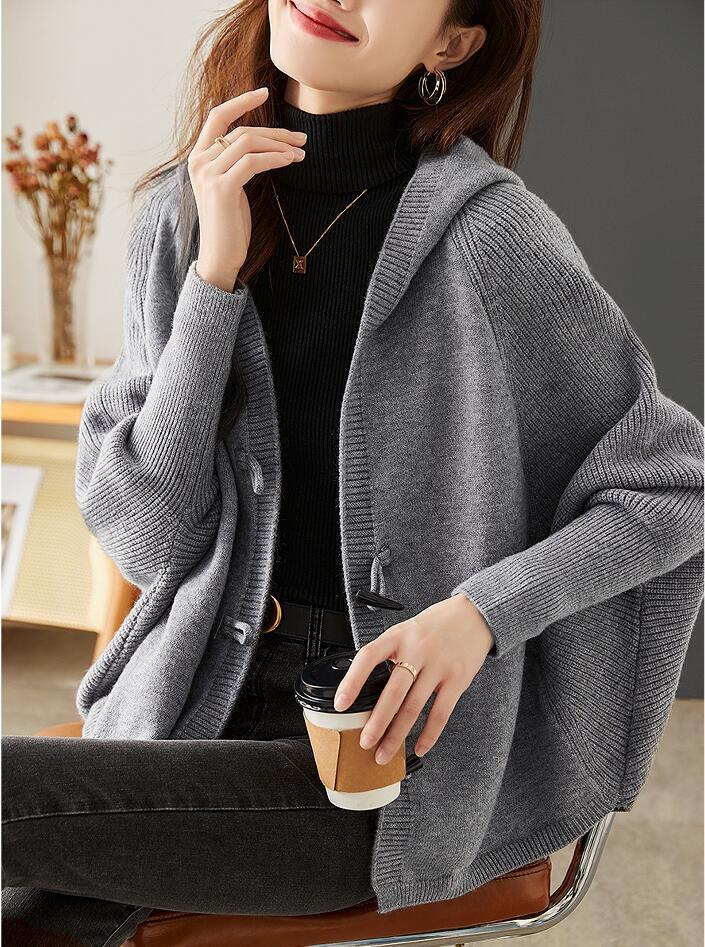 同梱1万円送料無料■秋冬 パーカー ニット カーディガン レディース フード付き ドルマン袖 長袖 着痩せ 羽織 通勤 ニットアウター■カーキ_画像6