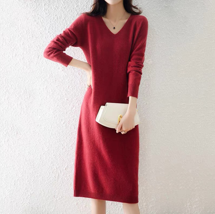 同梱1万円送料無料■ 秋冬 オシャレ Vネック ニットワンピース 膝丈 長袖 気質良い きれいめ 大人 着痩せ ニットひざ丈ワンピース■紺_画像3