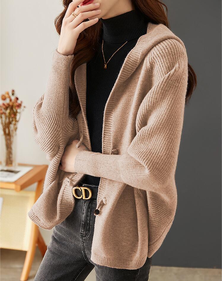 同梱1万円送料無料■秋冬 パーカー ニット カーディガン レディース フード付き ドルマン袖 長袖 着痩せ 羽織 通勤 ニットアウター■カーキ_画像1