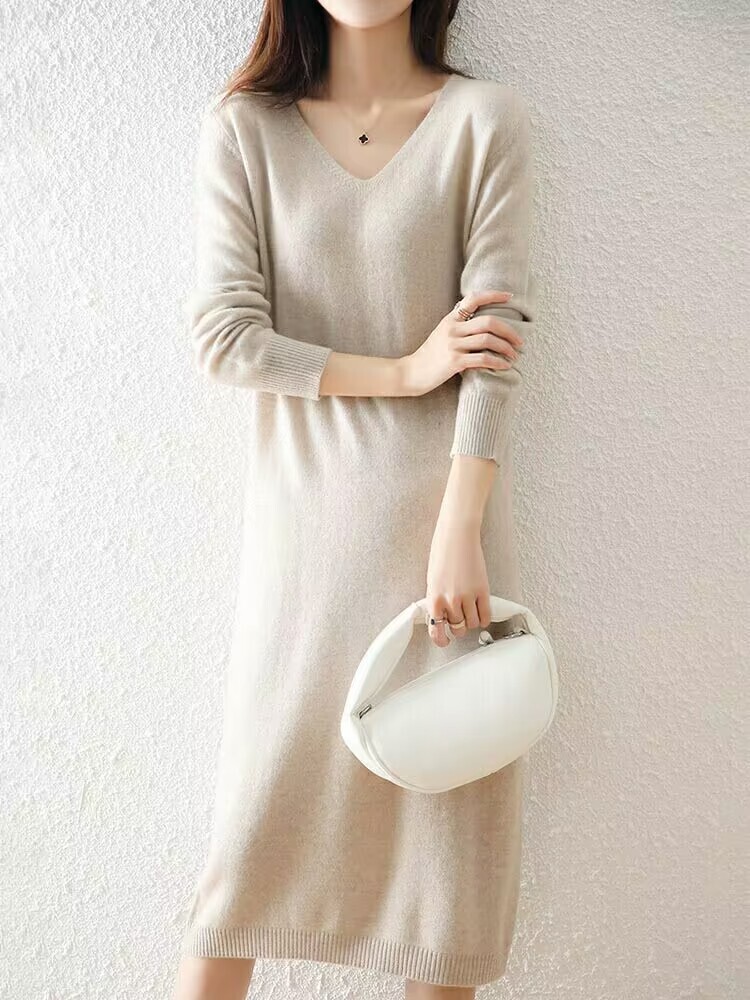 同梱1万円送料無料■ 秋冬 オシャレ Vネック ニットワンピース 膝丈 長袖 気質良い きれいめ 大人 着痩せ ニットひざ丈ワンピース■紺_画像7