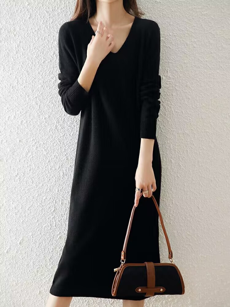 同梱1万円送料無料■ 秋冬 オシャレ Vネック ニットワンピース 膝丈 長袖 気質良い きれいめ 大人 着痩せ ニットひざ丈ワンピース■紺_画像10