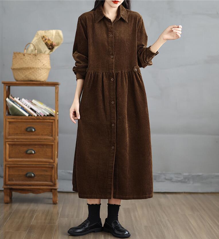 同梱1万円送料無料■秋冬 上質 シャツワンピース マキシワンピース コーデュロイ ロングワンピース 長袖 チェスターコート■ブルー_画像6