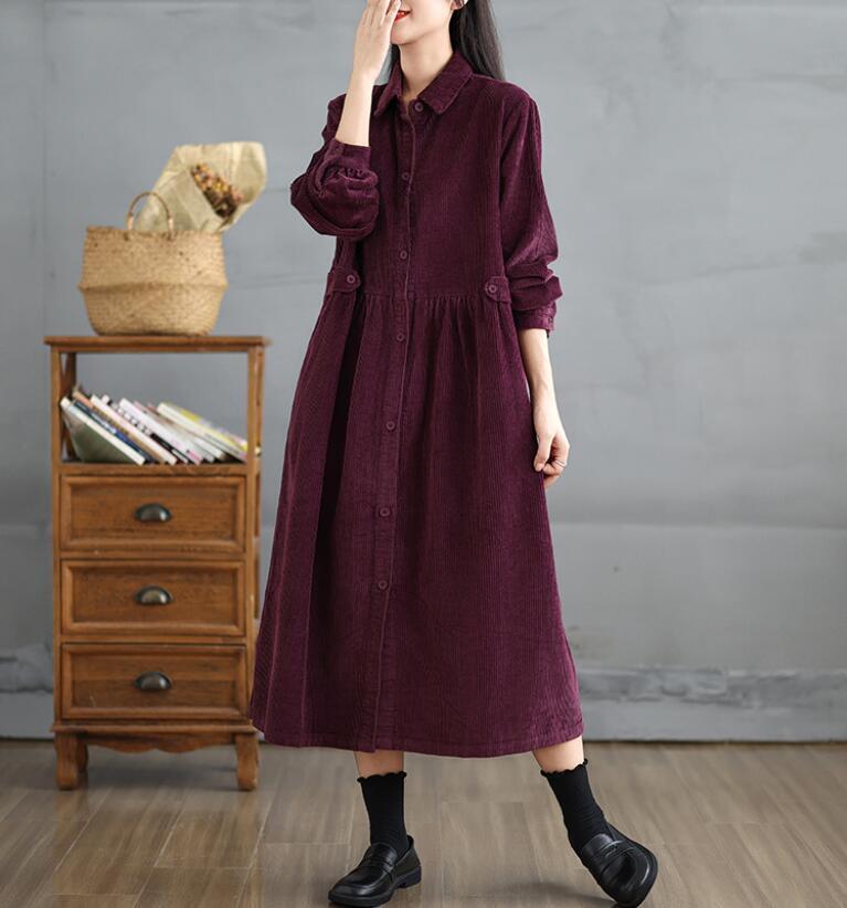 同梱1万円送料無料■秋冬 上質 シャツワンピース マキシワンピース コーデュロイ ロングワンピース 長袖 チェスターコート■ブルー_画像8