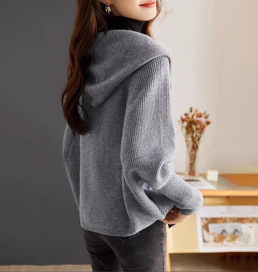 同梱1万円送料無料■秋冬 パーカー ニット カーディガン レディース フード付き ドルマン袖 長袖 着痩せ 羽織 通勤 ニットアウター■カーキ_画像3