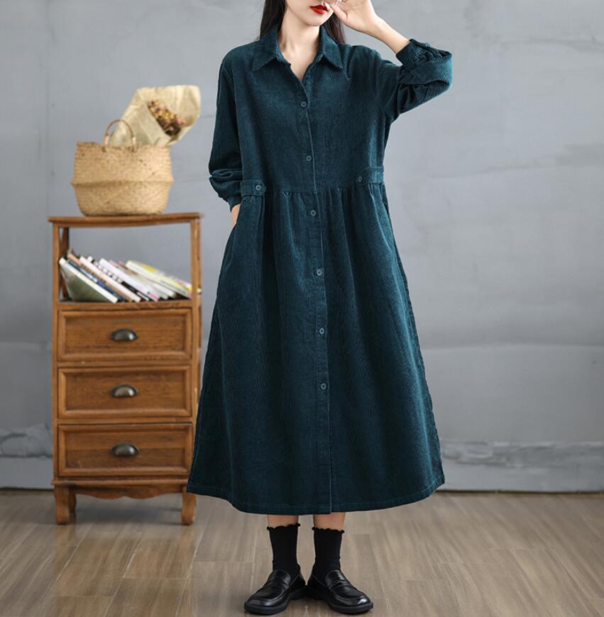 同梱1万円送料無料■秋冬 上質 シャツワンピース マキシワンピース コーデュロイ ロングワンピース 長袖 チェスターコート■ブルー_画像1