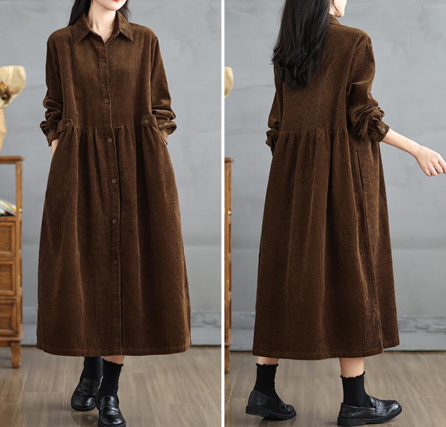 同梱1万円送料無料■秋冬 上質 シャツワンピース マキシワンピース コーデュロイ ロングワンピース 長袖 チェスターコート■ブルー_画像5