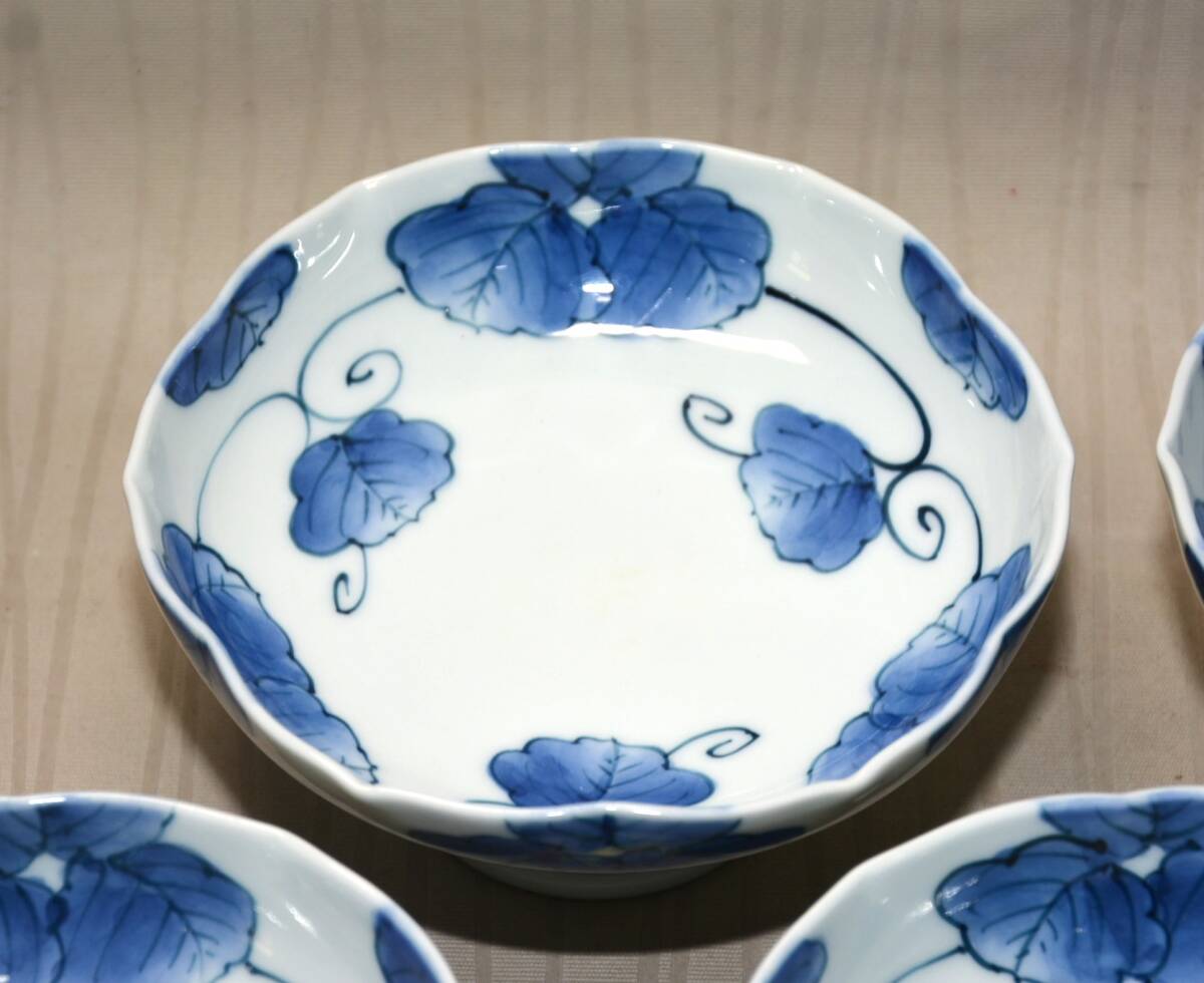 24◆初荷です ◆平戸焼 三川内焼 啓祥窯 染付蔦絵高台向付 5客 13.3cm ◆料理に使いやすいサイズです 高級和食器 懐石_画像2