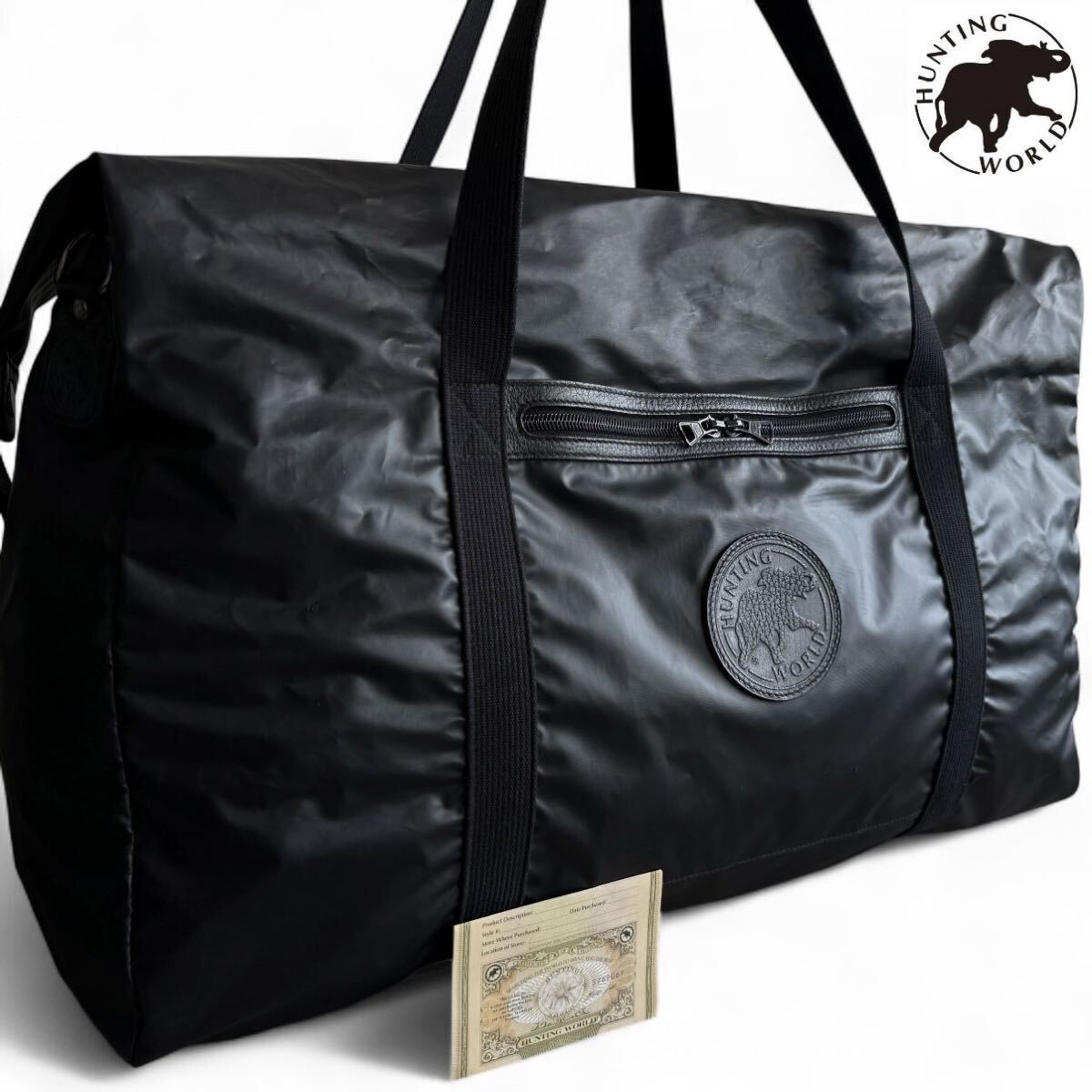 極美品/大容量●HUNTING WORLD ハンティングワールド ボストンバッグ ビジネス バチュークロス ナイロン レザー メンズ 出張 ブラック 黒