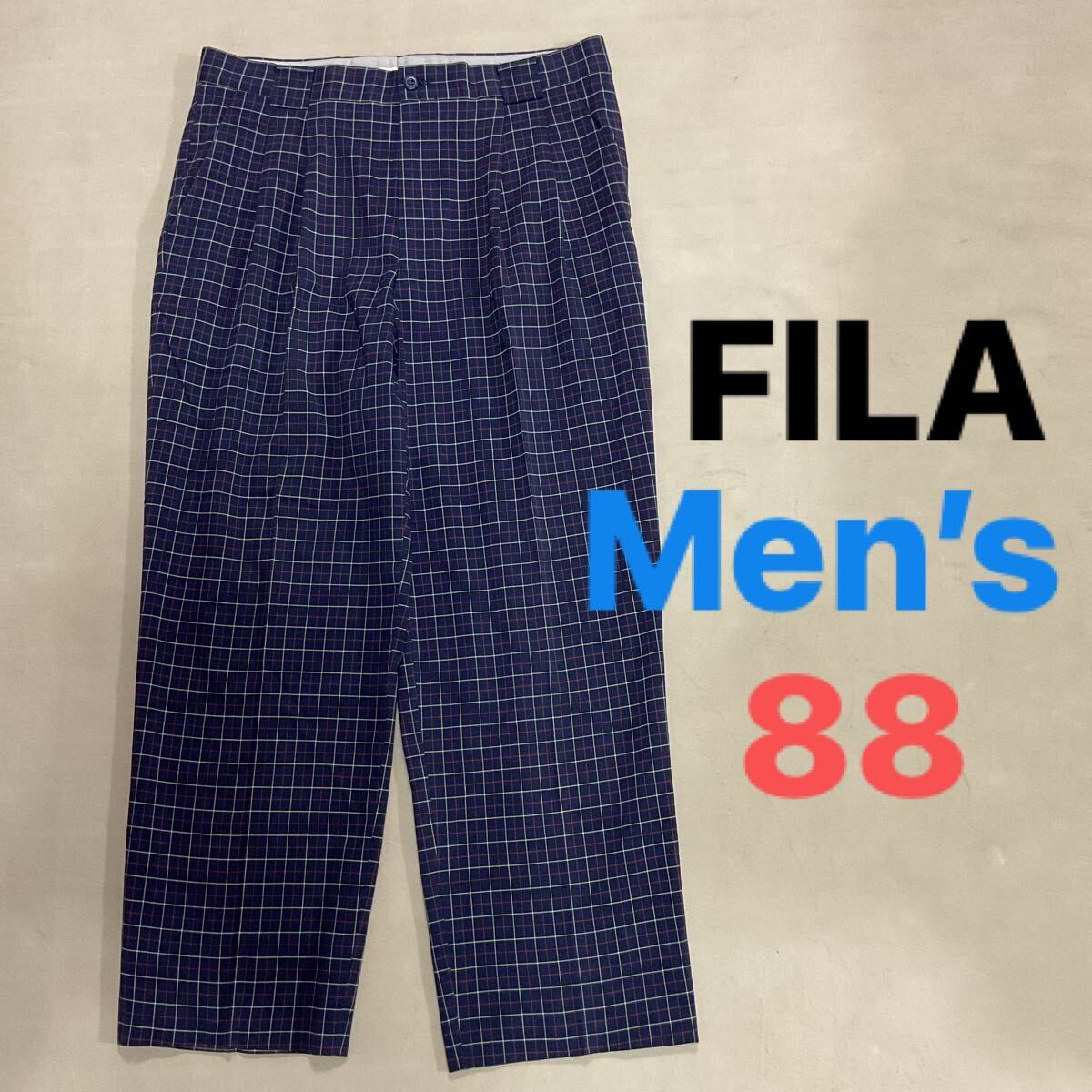 【超美品】FILA フィラ メンズ88 ゴルフウェア ゴルフパンツ ゴルフスラックス チェック柄 ストレッチ センタープレス ネイビー_画像1