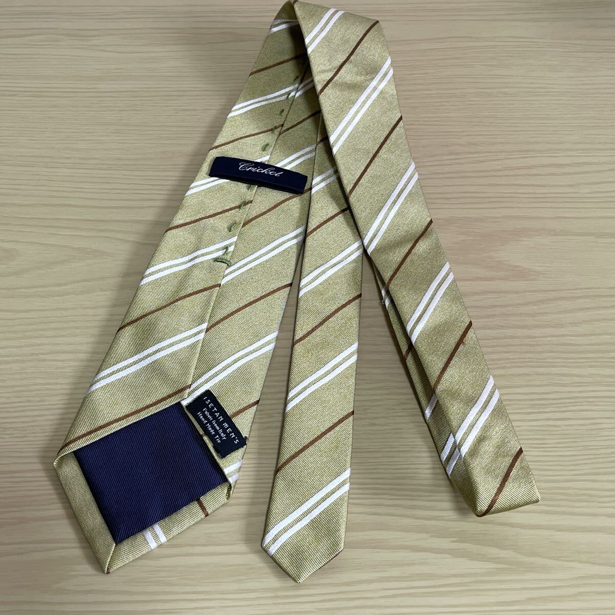 Cricket（クリケット）× ISETAN MEN'S（イセタンメンズ）伊勢丹、緑シルバー茶線ストライプ模様ネクタイ_画像7