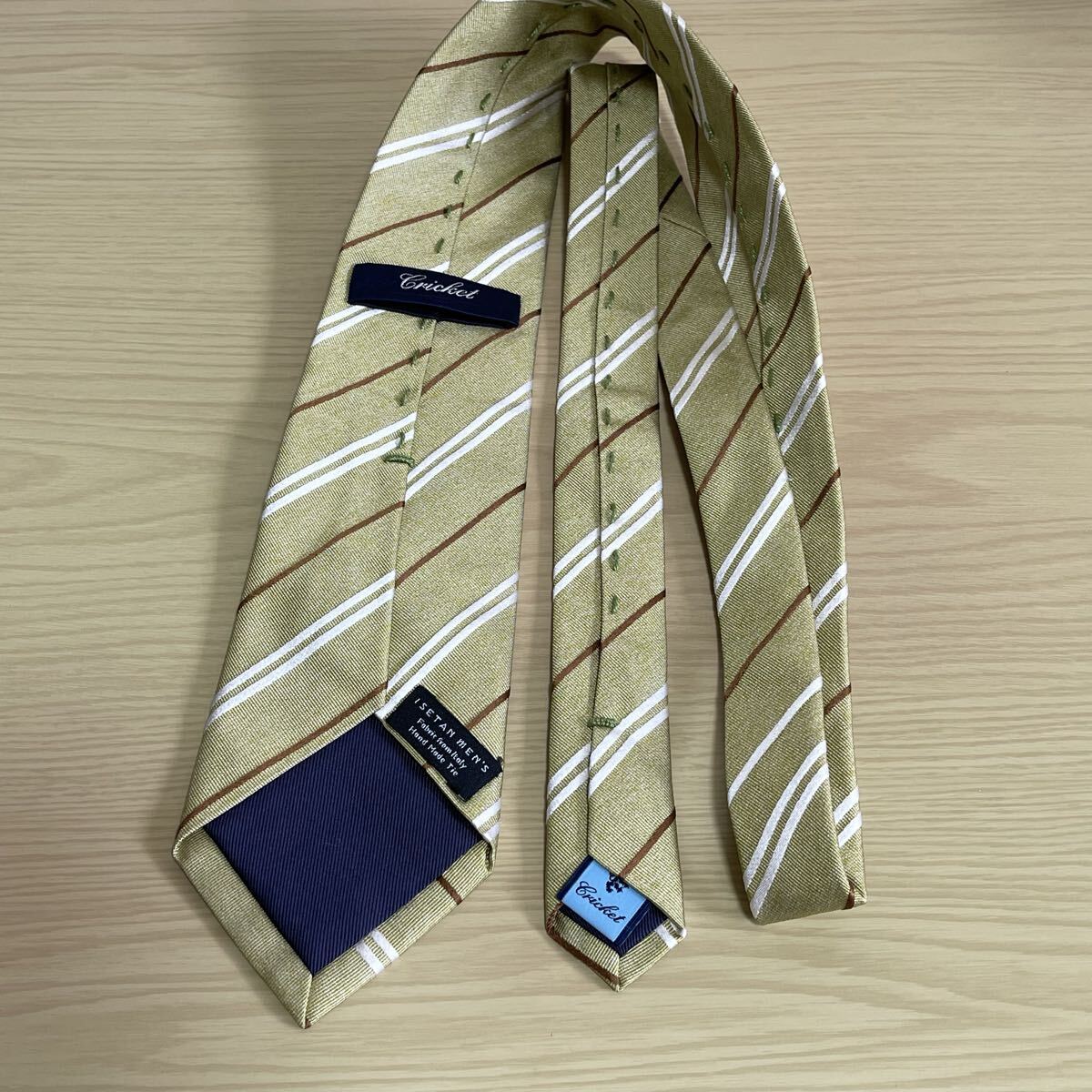 Cricket（クリケット）× ISETAN MEN'S（イセタンメンズ）伊勢丹、緑シルバー茶線ストライプ模様ネクタイ_画像9