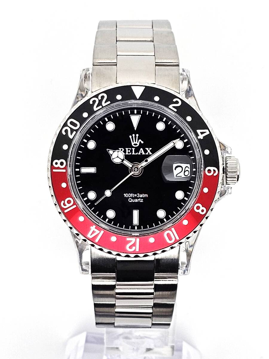 【NEW!】RELAX リラックス 王冠ロゴ GMTX2-S カスタム腕時計 GMT 黒/赤 24H回転ベゼル 世田谷ベース 所ジョージ 新品
