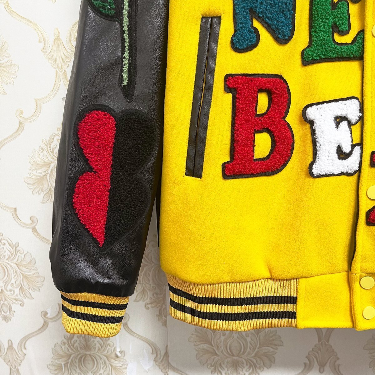 高級EU制＆定価7萬◆UABONI*Paris*スタジャン*ユアボニ*パリ発◆上品カシミヤ 防風 切替 バラ 英字 カラフル カッコいい ストリート XL/50